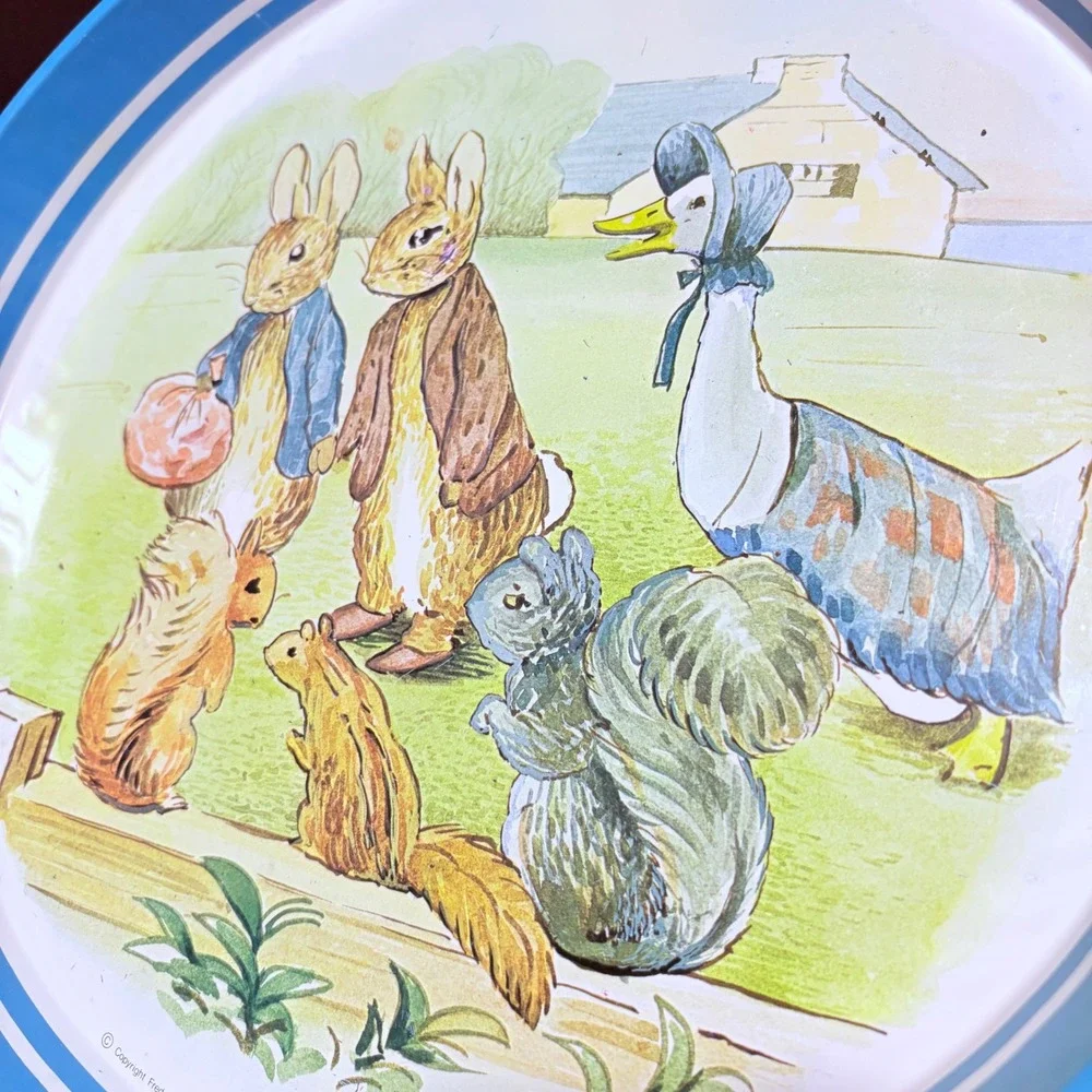 vintage Peter rabbit round metal tin tray made in England nursery art decor baby